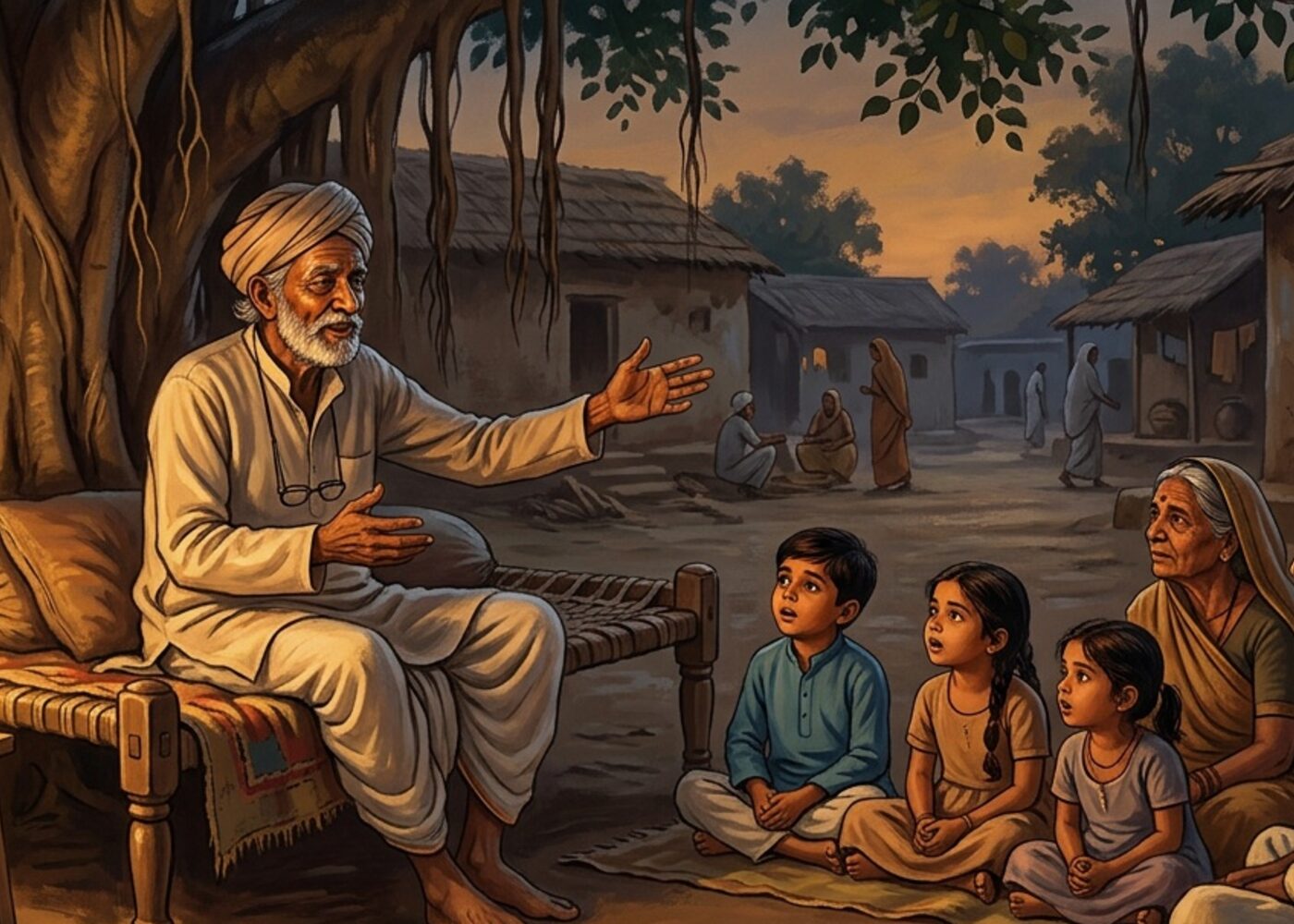 शाम के समय बरगद के पेड़ के नीचे बच्चों को कहानी सुनाते गाँव के बुज़ुर्ग का चित्रण