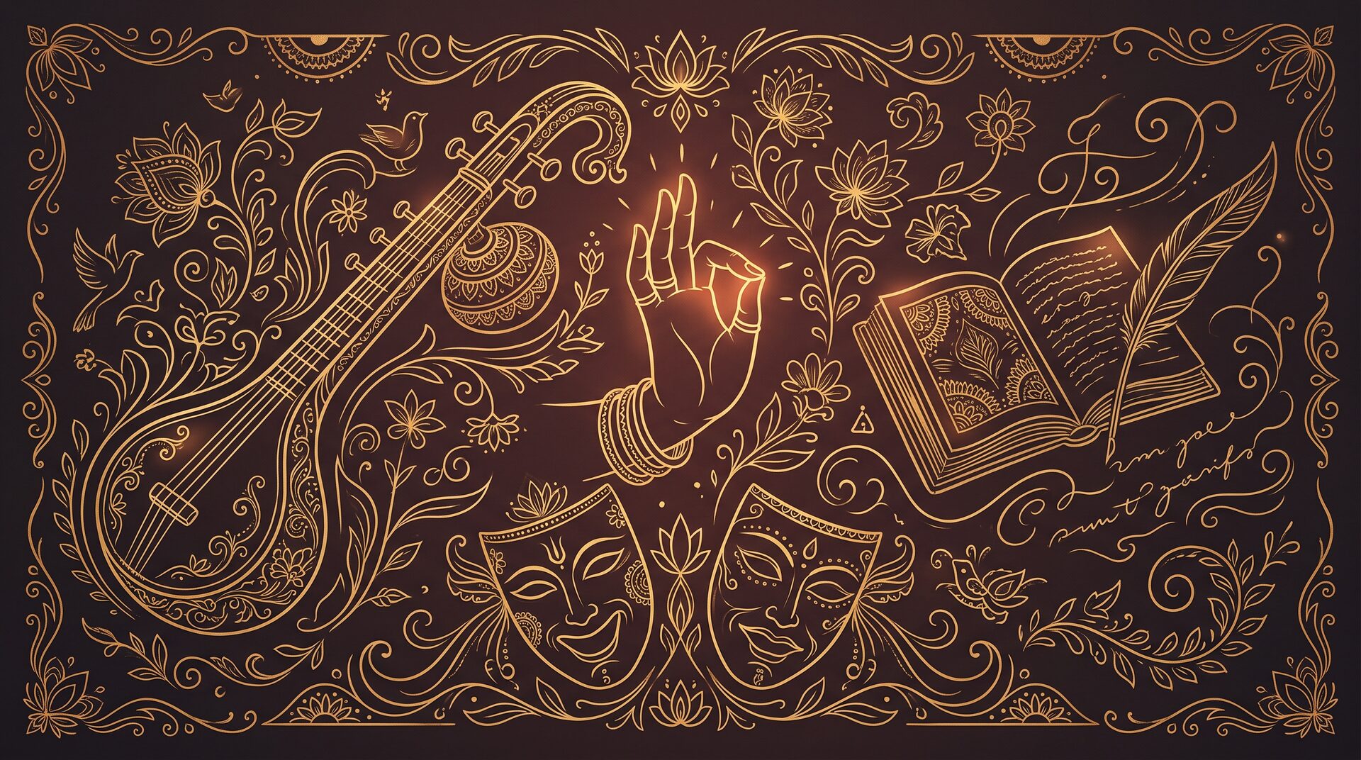 An illustrated composition blending India's literary, visual, musical, and theatrical art forms